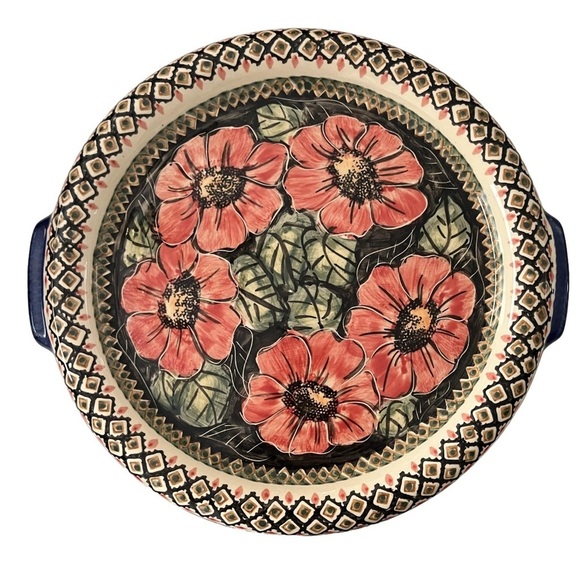 Boleslawiec Polish Pottery Unikat Serving Dish With Handles “Red Garden” Pattern